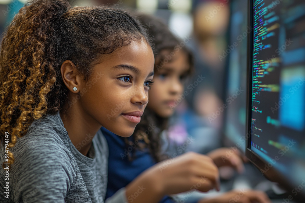 A female mentor guiding a young girl through a coding project in a tech workshop. A female mentor guiding a young girl through a coding project in a tech workshop.
