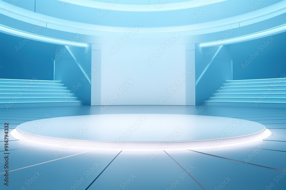 Obraz premium Futuristic blue platform with glowing lights.