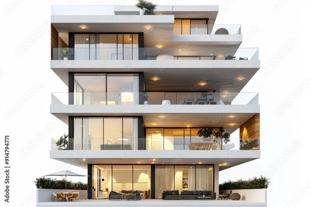Multi tiered urban apartment building with modern balconies and a chic design catering to a trendy metropolitan lifestyle Multi tiered urban apartment building with modern balconies and a chic design catering to a trendy metropolitan lifestyle
