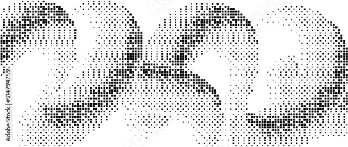 Pixelated gradient undulate shape. Black dither texture background. Dotted fluid curvy form for banner, poster, leaflet. Abstract rasterized squiggle overlay wallpaper. Vector comic backdrop