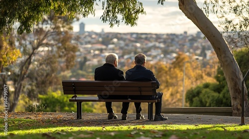 Men sitting on park bench looking out from Montefiore Hill in Adelaide South Australia : Generative AI photo