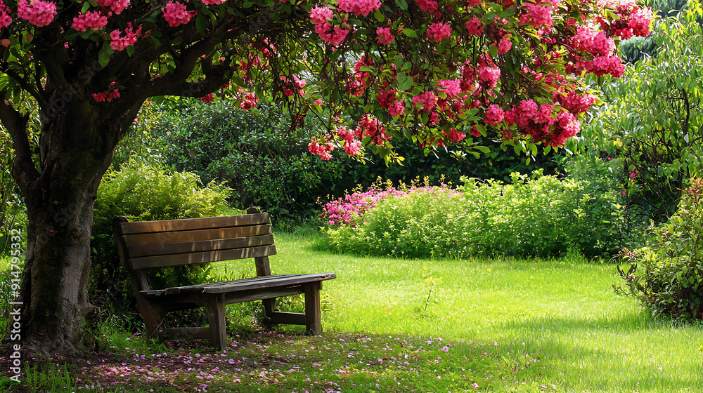 Fototapeta premium A charming garden bench under a flowering tree, perfect for relaxing and enjoying nature 