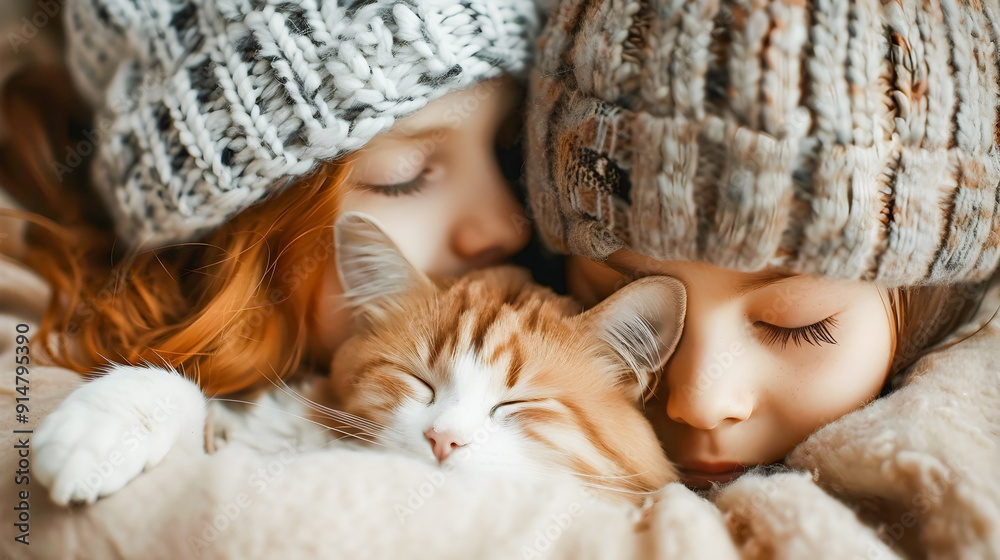 Cute and cozy winter scene of a person cuddling and napping with their beloved pet cat in a warm soft and inviting home interior The pair are snuggled up together under a knitted blanket Cute and cozy winter scene of a person cuddling and napping with their beloved pet cat in a warm soft and inviting home interior The pair are snuggled up together under a knitted blanket