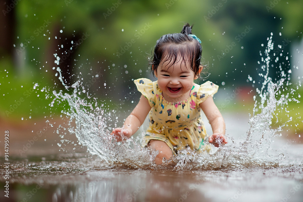 Asian child splashing in a puddle