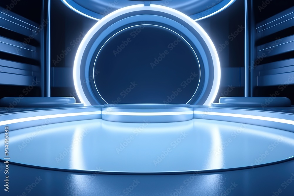 Futuristic blue platform with glowing neon lights. Futuristic blue platform with glowing neon lights.