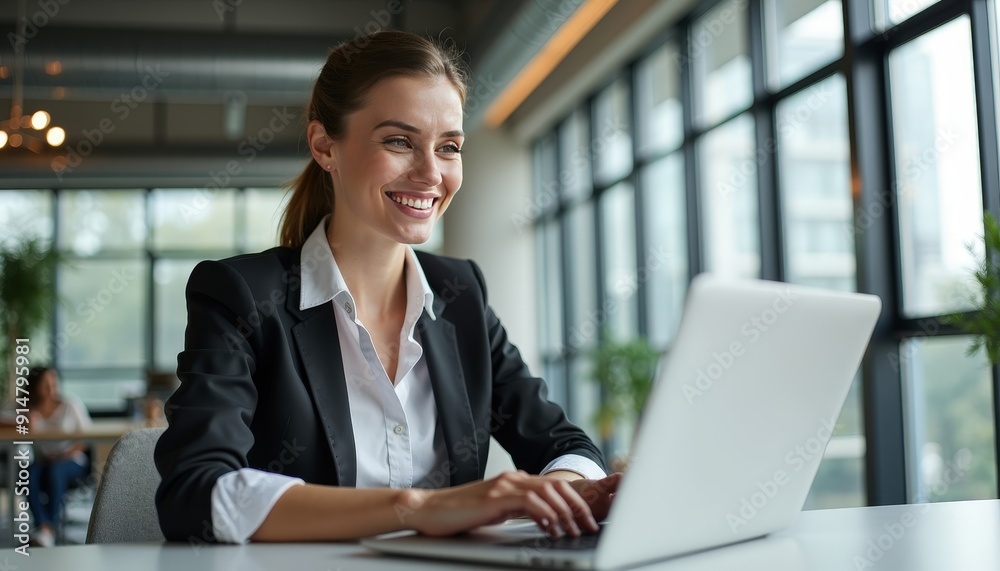 Happy businesswoman working on laptop in office. Happy businesswoman working on laptop in office.