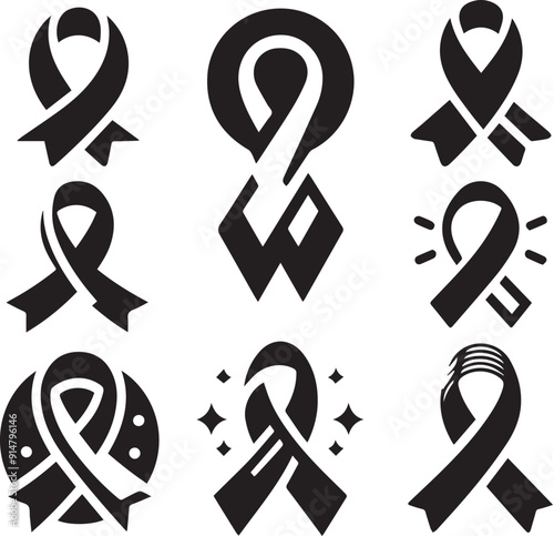 Breast Cancer Awareness silhouette Vector, Black Color Ribbon On white Background, photo