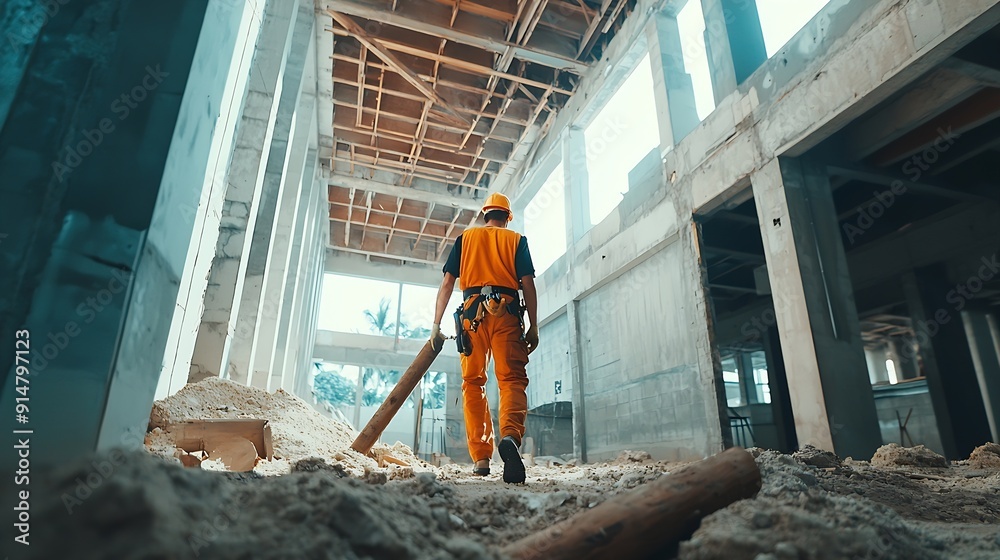 a man construction worker with no safety gear walking in a new building ...