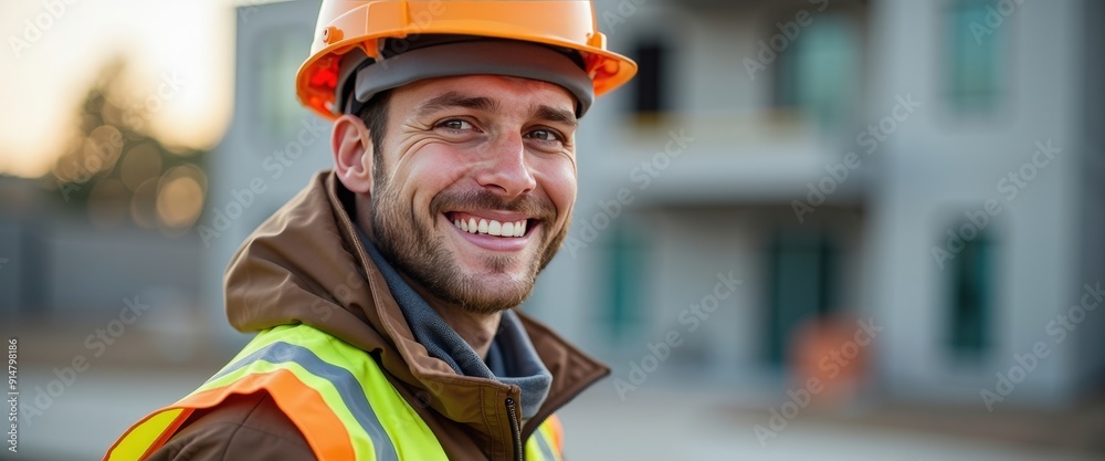 Fototapeta premium Happy Construction Worker Wearing Hard Hat.