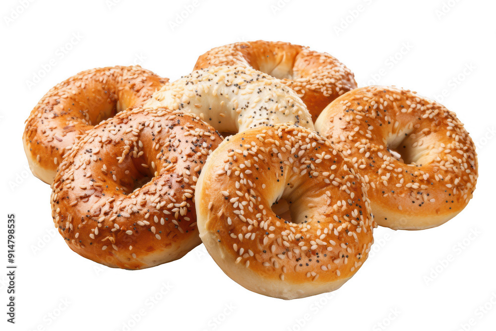 A row of six sesame seed bagels are arranged on a white background A row of six sesame seed bagels are arranged on a white background