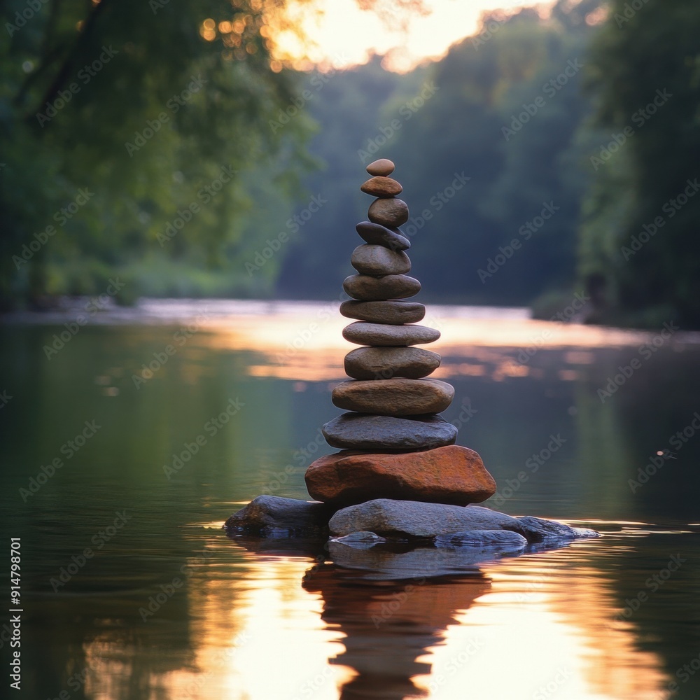 Obraz premium Serene Zen Stone Cairn on Calm River Reflecting Tranquility and Nature Connection