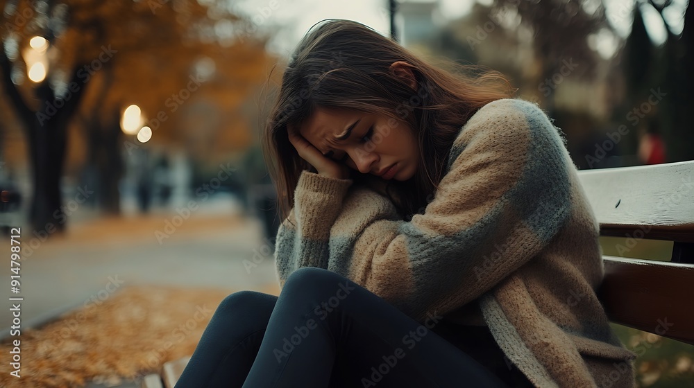 Fototapeta premium Young woman sad and depressed situated on park bench with arms and head on knees : Generative AI