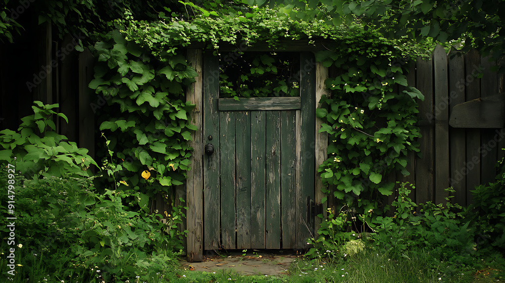 A rustic garden gate partially covered in climbing vines, inviting visitors into a secret garden A rustic garden gate partially covered in climbing vines, inviting visitors into a secret garden