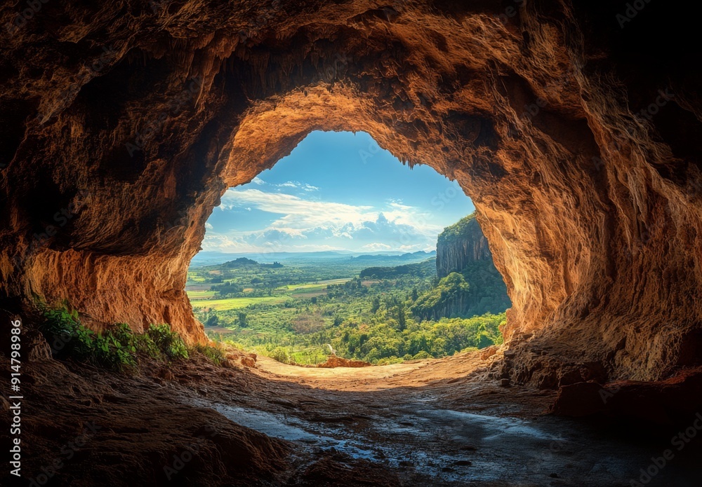 Obraz premium A beautiful cave entrance with a view of the outside landscape, where the contrast between the dark interior and bright exterior creates a stunning visual effect