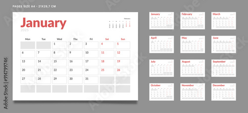 Set of 12 Pages Monthly Calendar Planner Templates on 2025 year. Vector mockup of a wall or desktop calendar with the week start on Monday for print. Pages size A4 -21x29.7cm