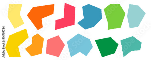 Colorful silhouette irregular angular shapes isolated on white background. Set of rough torn paper different geometric shapes with ragged edges