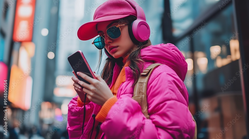 Stylish woman in magenta color jacket and bucket hat wearing wireless headphones on her head and setting phone for listening music Urban city street fashion Color of the 2023 year Sele : Generative AI Stylish woman in magenta color jacket and bucket hat wearing wireless headphones on her head and setting phone for listening music Urban city street fashion Color of the 2023 year Sele : Generative AI