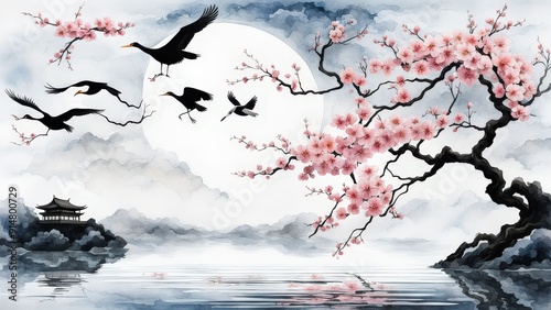 Serene Cherry Blossom Tree, Glowing Moon, and Birds Over Water in a Tranquil, Dreamlike Scene