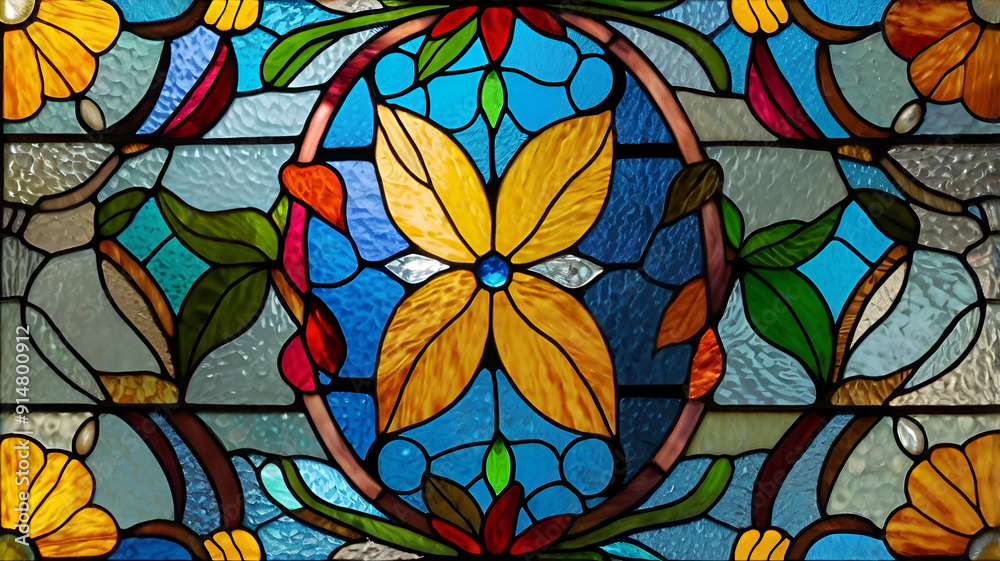 Stained glass window background with colorful Flower a Stained glass window background with colorful Flower a