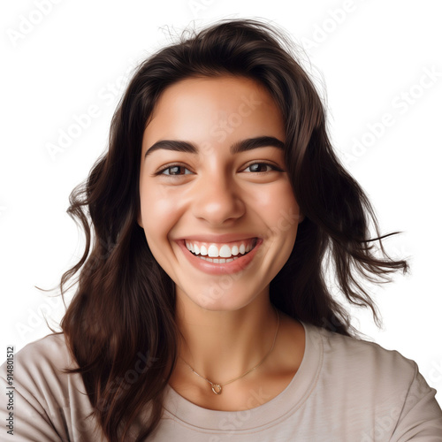 Happy young Indian woman taking a selfie while smiling at the camera, isolated on transparent background