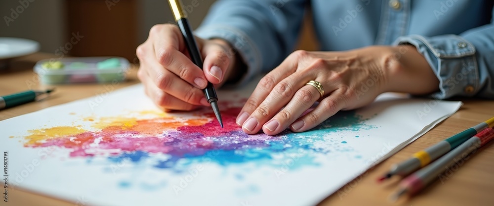 Closeup of Woman's Hand Painting with Watercolor. Closeup of Woman's Hand Painting with Watercolor.