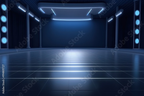 Futuristic empty room with blue neon lights and a tiled floor.