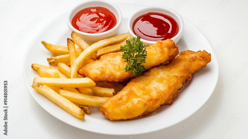fried fish fillets with French fries and ketchup on a round white plate isolated top view : Generative AI fried fish fillets with French fries and ketchup on a round white plate isolated top view : Generative AI