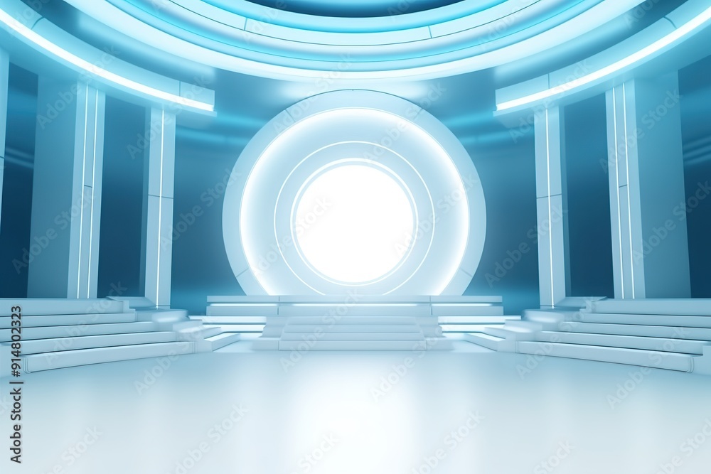 Obraz premium Futuristic stage with blue glowing light and stairs.