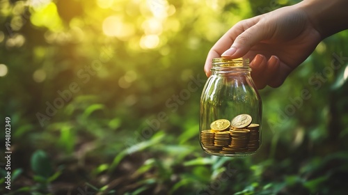 Woman hand putting a coin into glass bottle and gold bar on natural green backgroundBusiness investment and Saving money for prepare in future concept : Generative AI photo