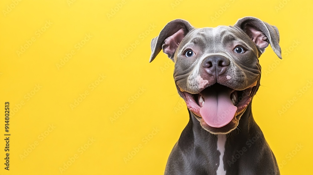 Studio headshot portrait of gray blue smiling pit bull type dog with tongue sticking out against a yellow background : Generative AI Studio headshot portrait of gray blue smiling pit bull type dog with tongue sticking out against a yellow background : Generative AI