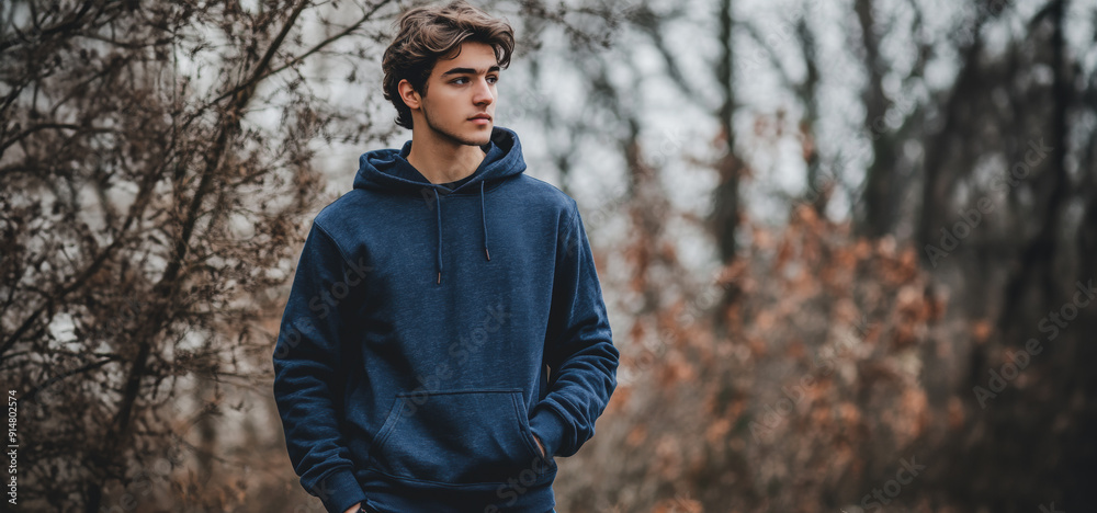 Fototapeta premium Young Man Wearing a Hoodie Stands Thoughtfully Among Autumn Trees in a Forest Setting