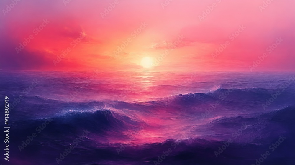 Fototapeta premium Ocean waves at sunset under vibrant pink
