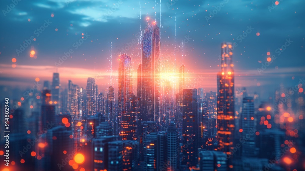 Futuristic Cityscape at Sunset With Digital Glows Futuristic Cityscape at Sunset With Digital Glows