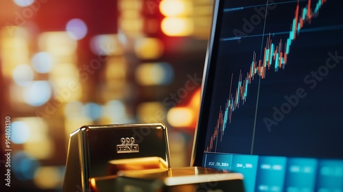 Candlestick charts on mobile screens gold bars and bullion models Ideas for trading Forex Gold and Cryptocurrencies During the up market : Generative AI photo