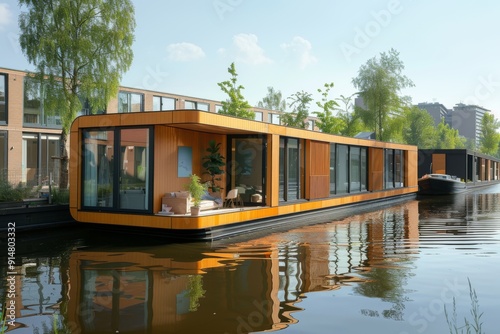Luxurious floating villa with panoramic glass walls and contemporary wooden finishes offering tranquil waterborne living