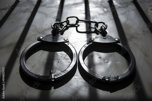 Captivating silhouette of handcuffs and prison bars behind