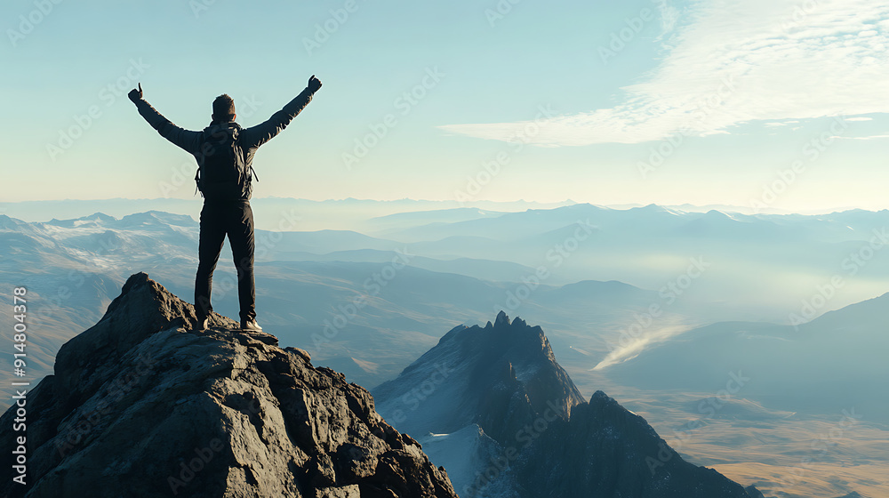 A business professional celebrating success with arms raised, standing on a mountain peak overlooking a vast horizon A business professional celebrating success with arms raised, standing on a mountain peak overlooking a vast horizon
