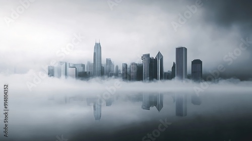 Monochromatic portrayal of cityscapes veiled in mist The ethereal embrace of fog whispers a silent tale painting urban landscapes with a touch of mystery and timeless beauty : Generative AI