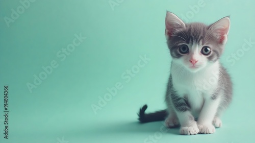 gray and white kitten play on a mint background young cute cat in the studio : Generative AI photo