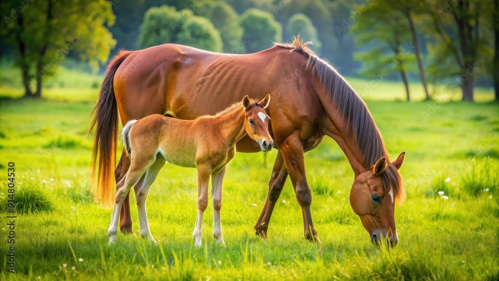 A beautiful mare with her adorable foal grazing in a lush green field, horse, foal, mare, young, grazing, field, green, nature, adorable A beautiful mare with her adorable foal grazing in a lush green field, horse, foal, mare, young, grazing, field, green, nature, adorable
