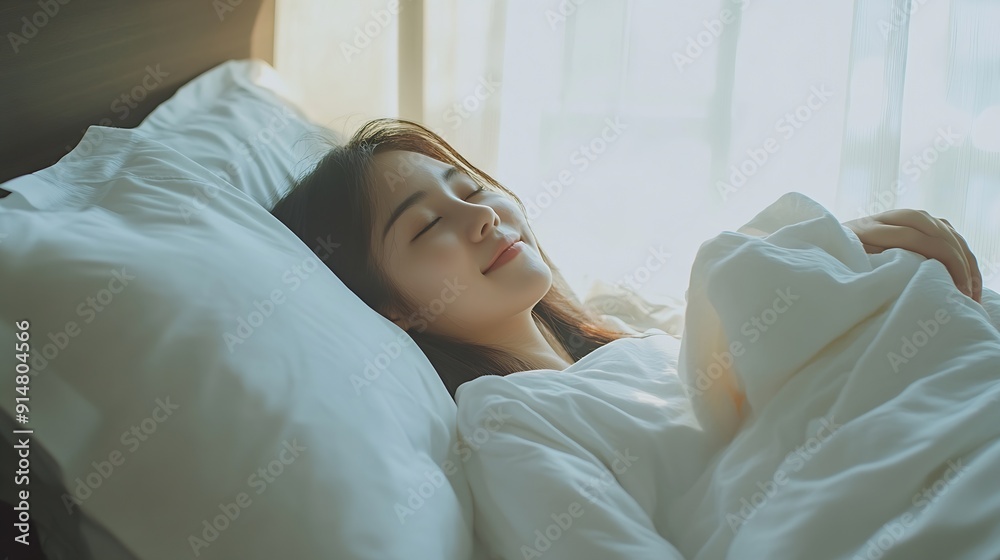 © The Little Hut - Morning portrait and happy woman wake up in bed on holiday or relax on vacation with a smile Healthy rest and Asian girl with positive attitude ready to start weekend with wellness in : Generative AI © The Little Hut - Morning portrait and happy woman wake up in bed on holiday or relax on vacation with a smile Healthy rest and Asian girl with positive attitude ready to start weekend with wellness in : Generative AI