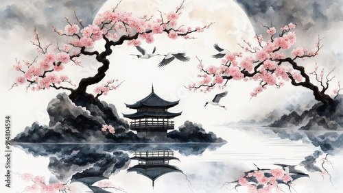 Serene Cherry Blossom Tree, Glowing Moon, and Birds Over Water in a Tranquil, Dreamlike Scene