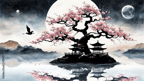 Serene Cherry Blossom Tree, Glowing Moon, and Birds Over Water in a Tranquil, Dreamlike Scene