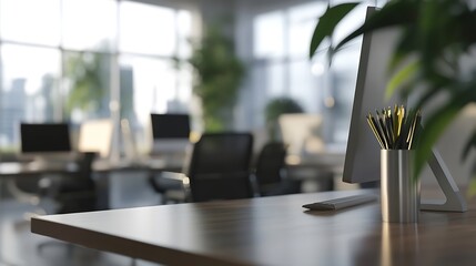 Modern business office without people with blurred bokeh background tables chairs computers plan  copy space green office concept : Generative AI