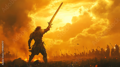A victorious warrior raising a sword in triumph on a battlefield, with a golden sunset in the background 