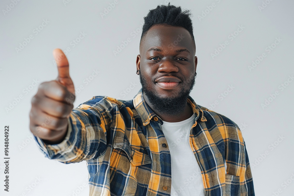 A young black man with a beard and a plaid shirt gives a thumbs up while smiling at the camera against a plain white background. A young black man with a beard and a plaid shirt gives a thumbs up while smiling at the camera against a plain white background.