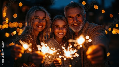Multi-Generation Family Waving Sparklers Outdoors On American National Holiday