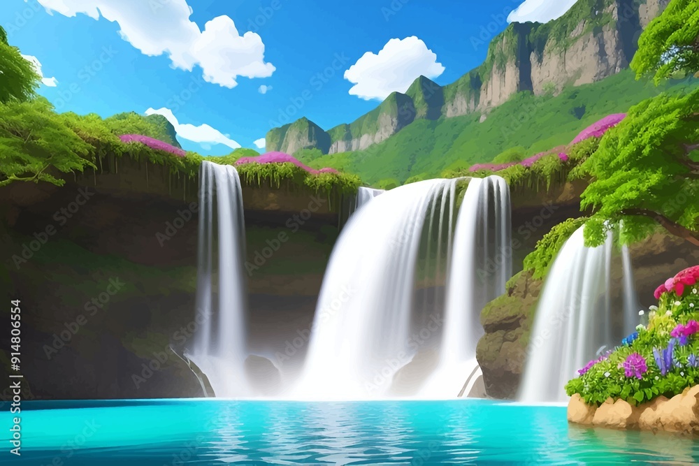 Naklejka premium Beautiful and Peaceful Nature Scenery Illustration, Landscape, Countryside, Tranquil, Vibrant and Colorful