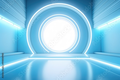 Futuristic blue room with glowing light.