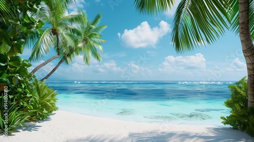 Exotic island beach with lush palm trees, hidden paradise, tranquil vacation spot